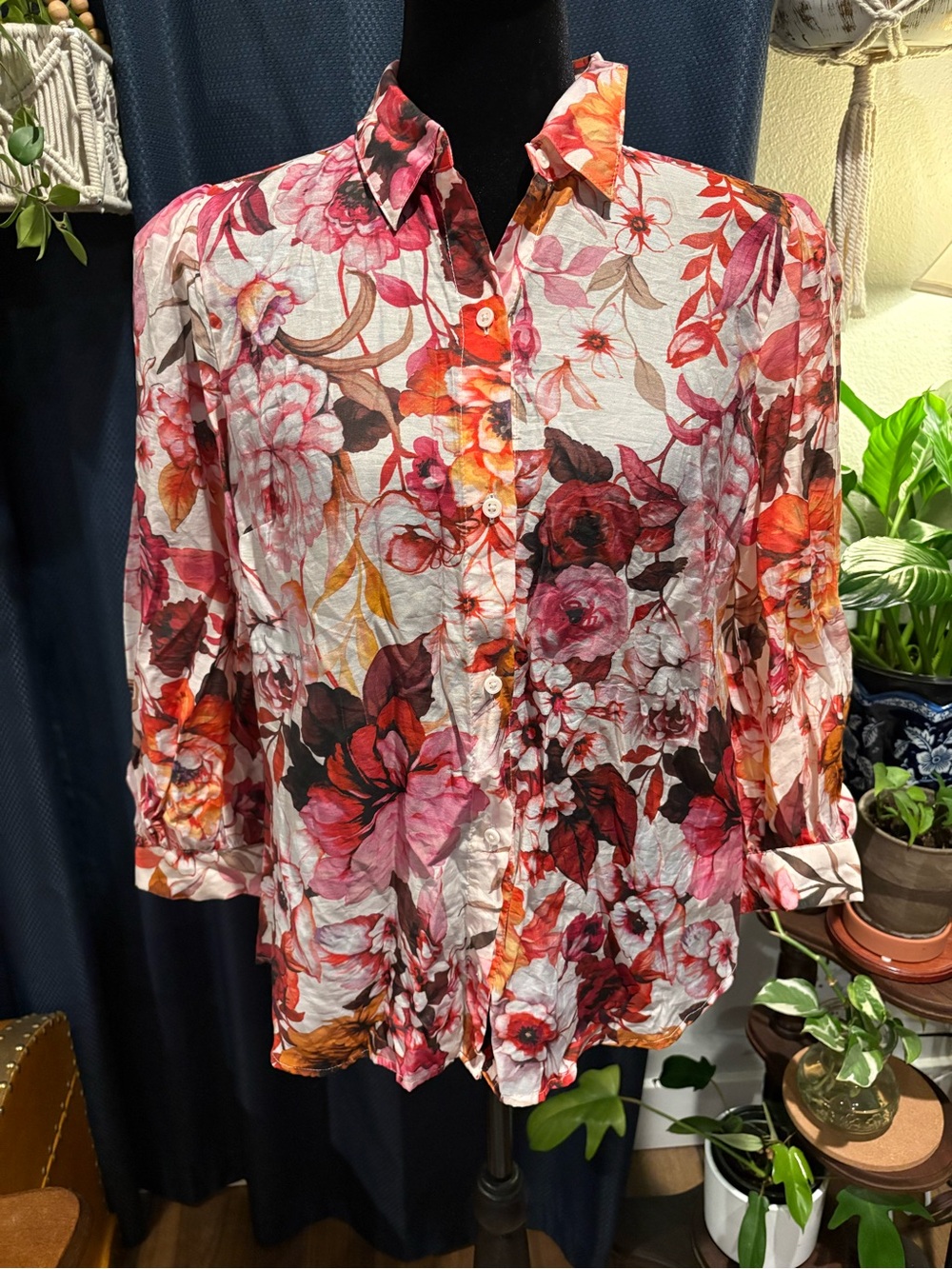 Express Floral Button-Up Blouse in Red, Pink and Orange